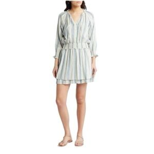 Striped Mini Dress Blue White Smocked Waist 3/4 Sleeve Casual SZ L